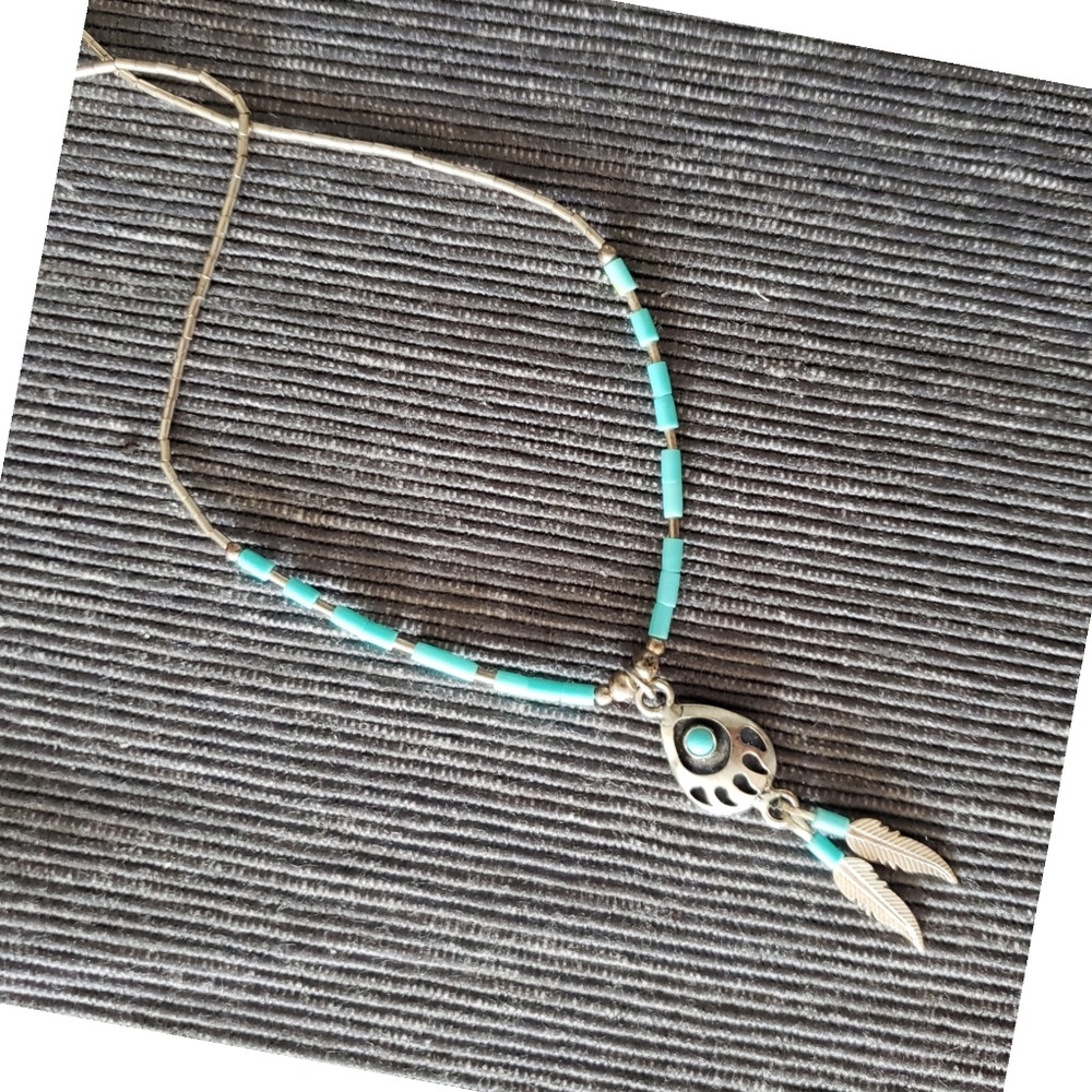 NWOT Silver necklace with turquoise feather charm